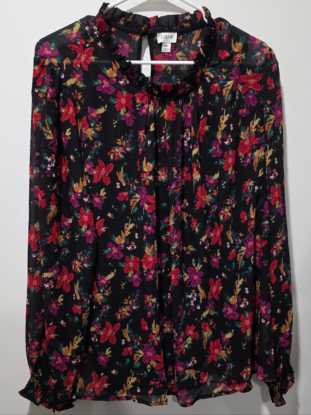 J. Crew Black Blouse with Pink, Red and Gold Floral Print